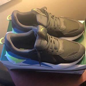 Puma men’s size 13, RSX Reinvention Blue, Lime, Black, gray & White running shoe
